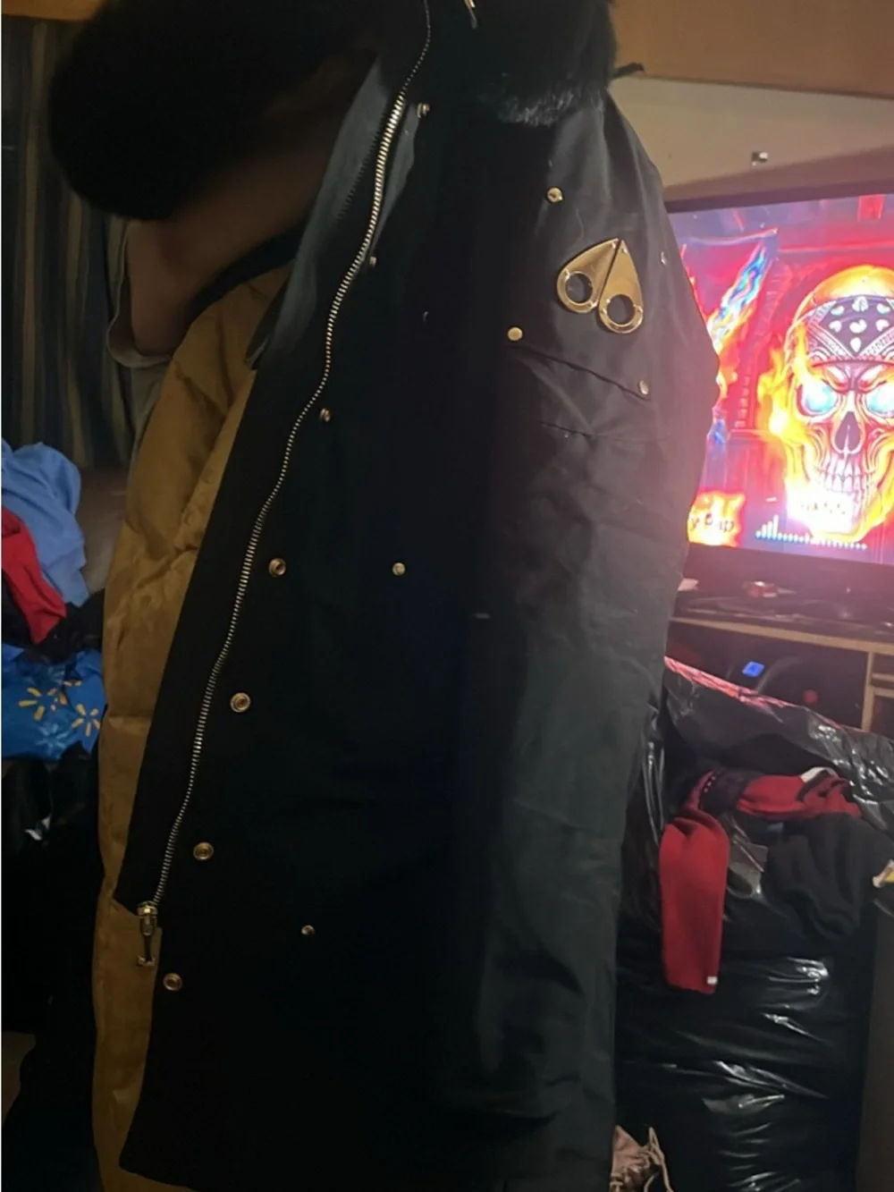 Moose Knuckles Men’s Gold Quilted Puffer with Black Accents - Picture 2 of 2